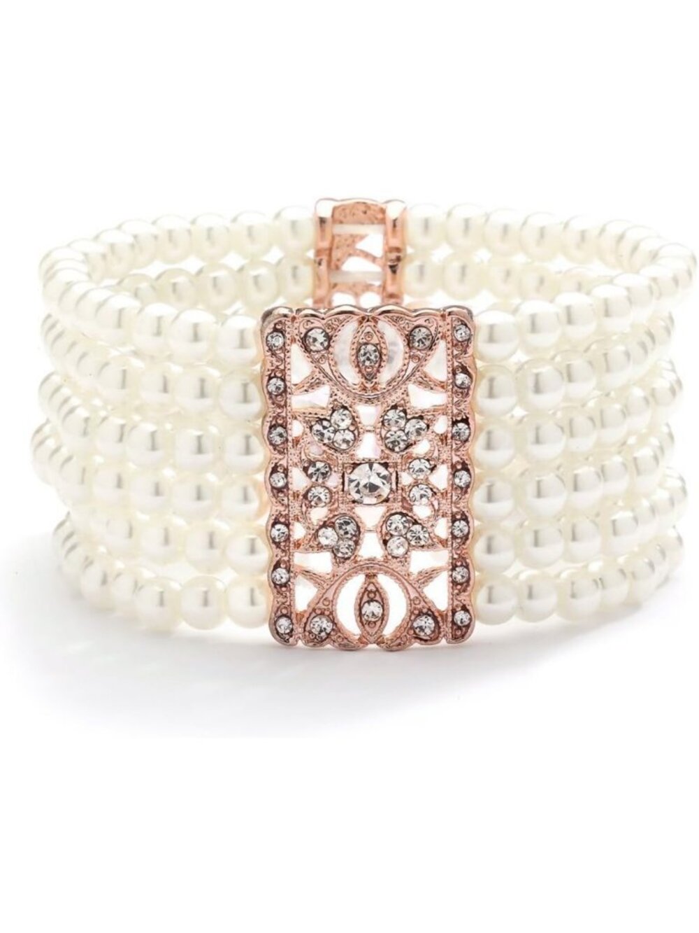 Elegant Ivory Pearl & Rose Gold Crystal Stretch Cuff Bracelet, Vintage Wedding